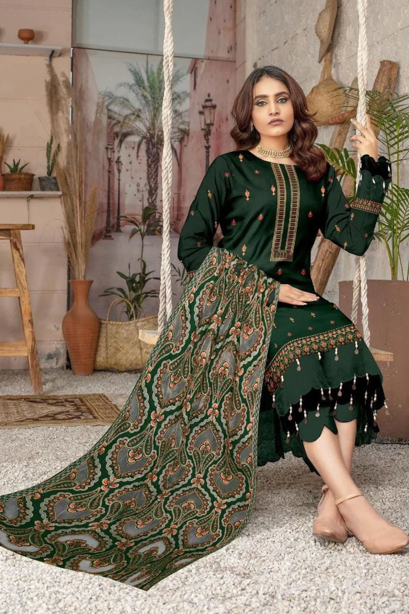 Bareeze GREEN Unstitched Luxury Dhanak Heavy Embroidered 3PC Suit With Laser Cut Shawl