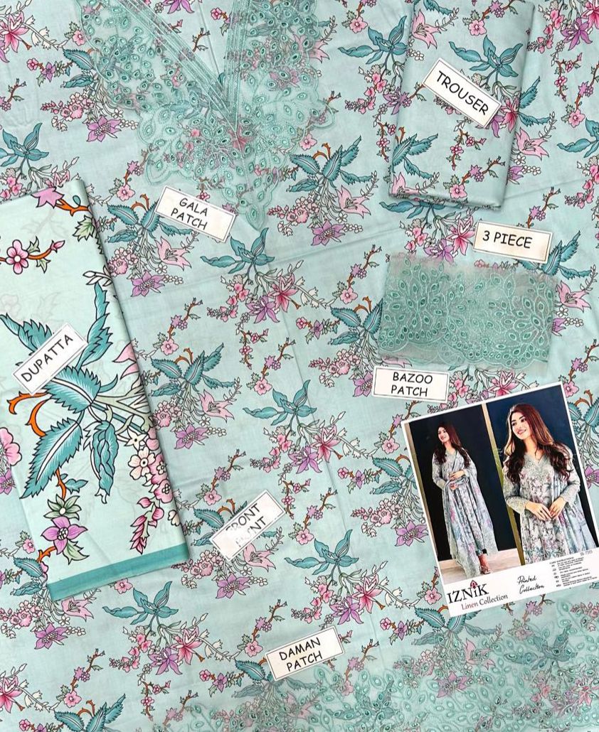 3PCS UNSTITCHED SUIT Iznik MOST DEMANDING linen EDITION