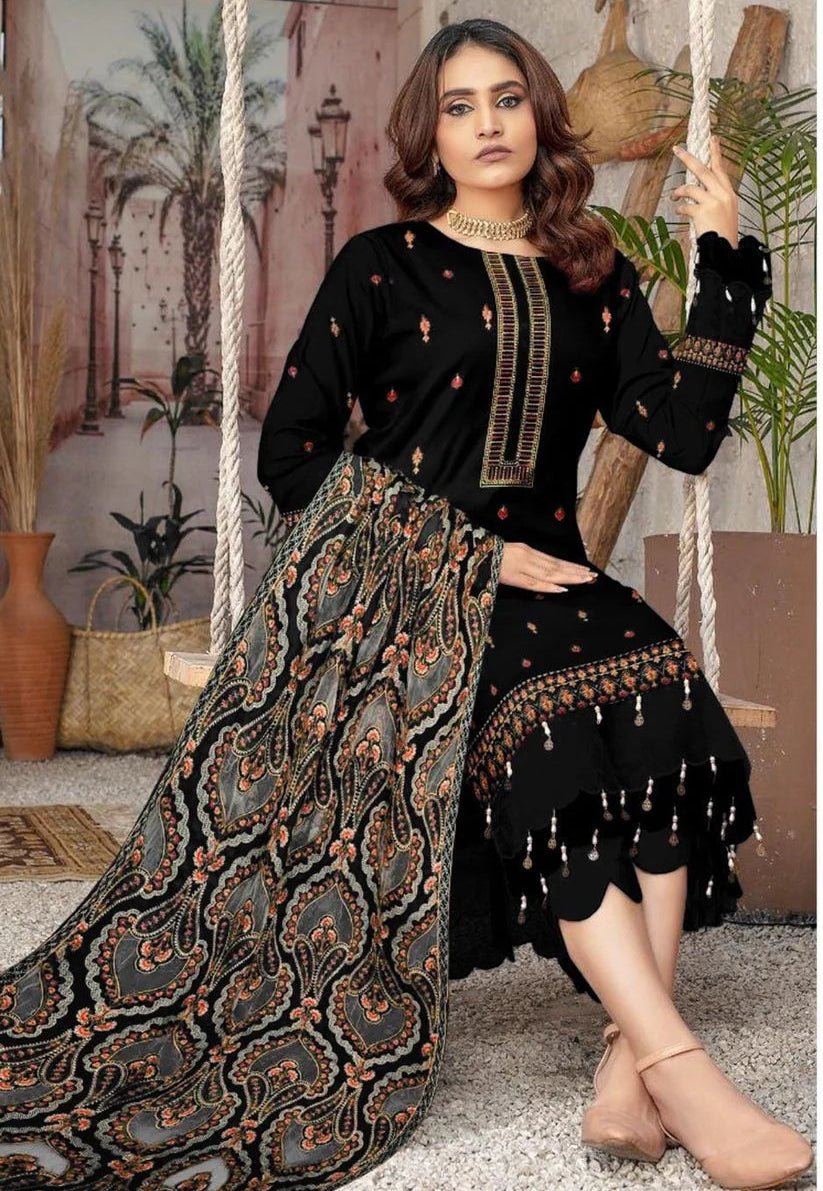 Bareeze 1672 Unstitched Luxury Dhanak Heavy Embroidered 3PC Suit With Laser Cut Shawl Black