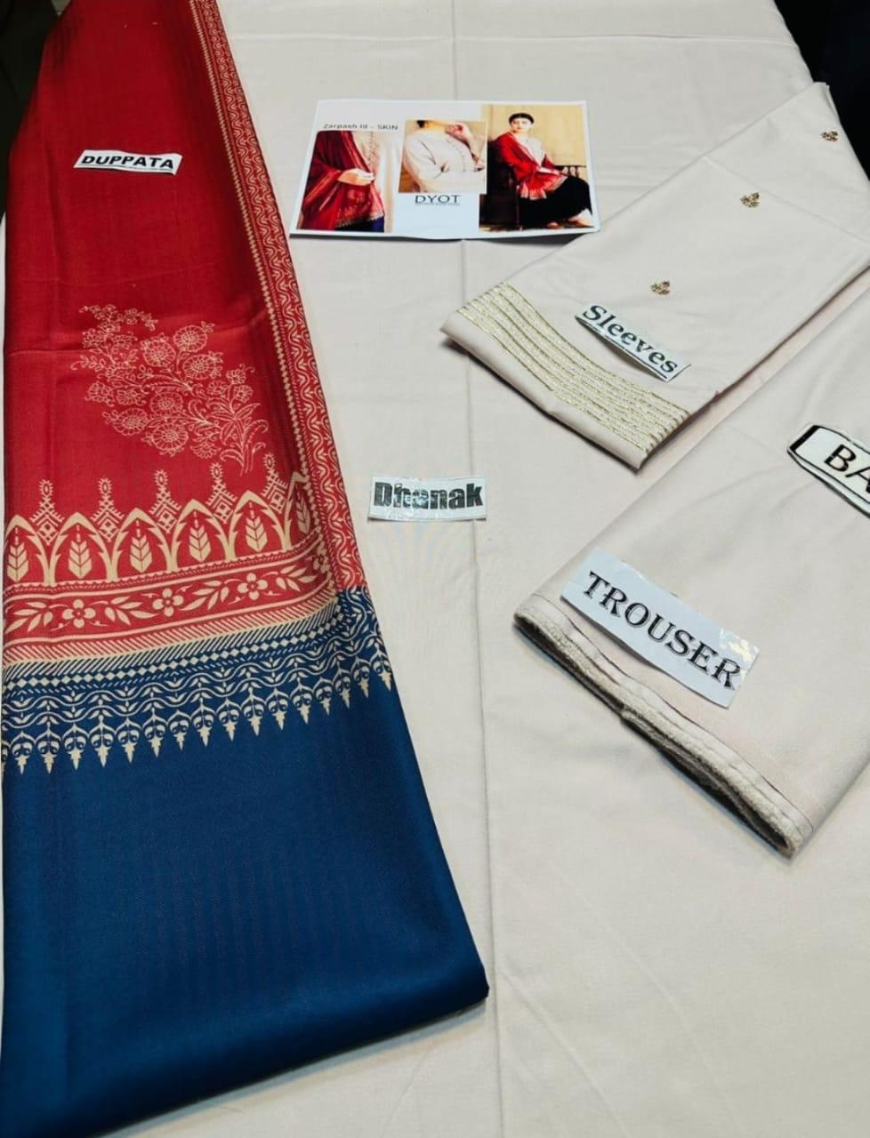 3 Pc Heavy Embroidered dhank Suit With ( Printed Woolen Dupatta )- RL 2057