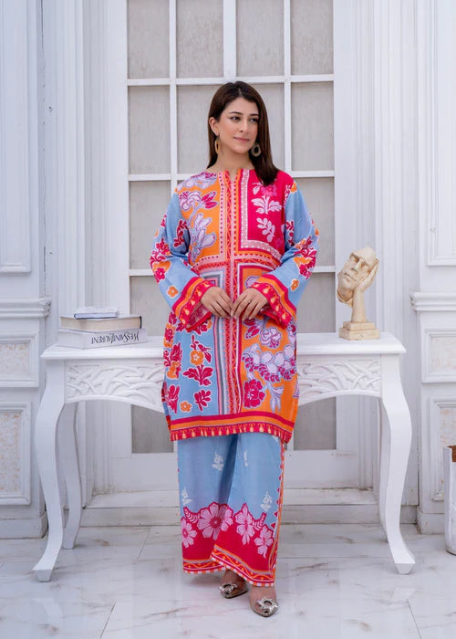 Staple Doria 2 Piece – Blue &amp; Red Floral Printed Suit with Bold Contrast unstiched