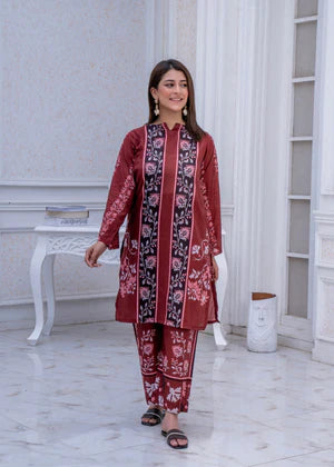 Staple Doria 2-Piece Linen Set – Maroon Ethnic Printed Kurta & Trouser for Women