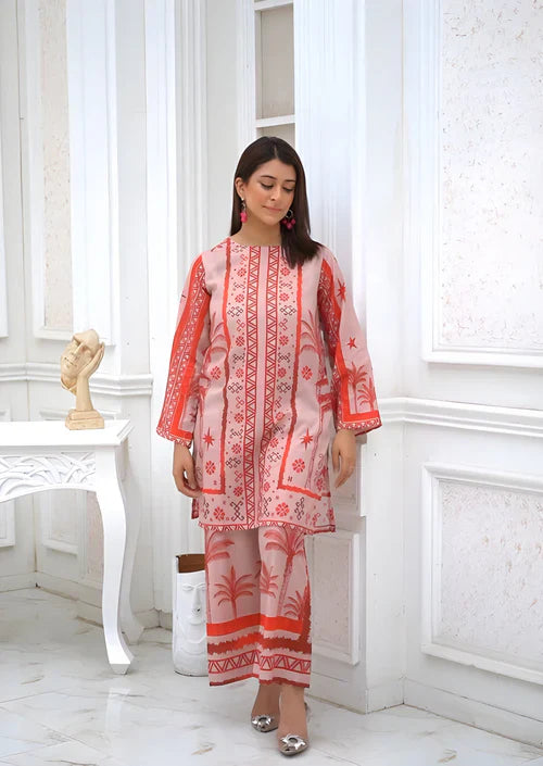 Staple Doria 2 Piece – Pink & Red Printed Suit with Ethnic Design