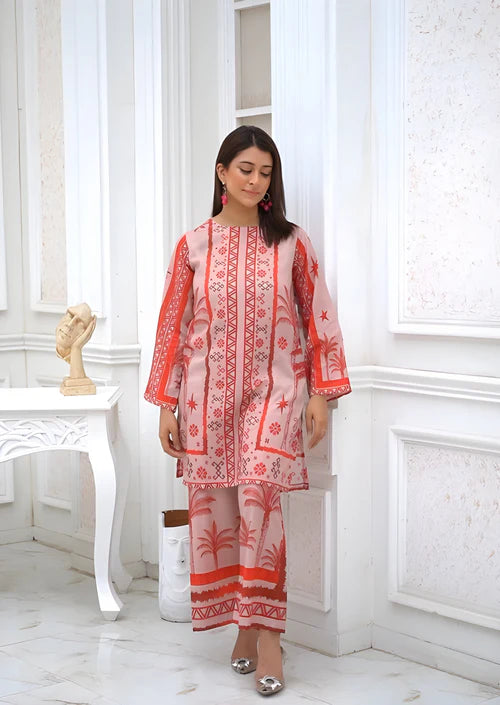 Staple Doria 2 Piece – Pink & Red Printed Suit with Ethnic Design