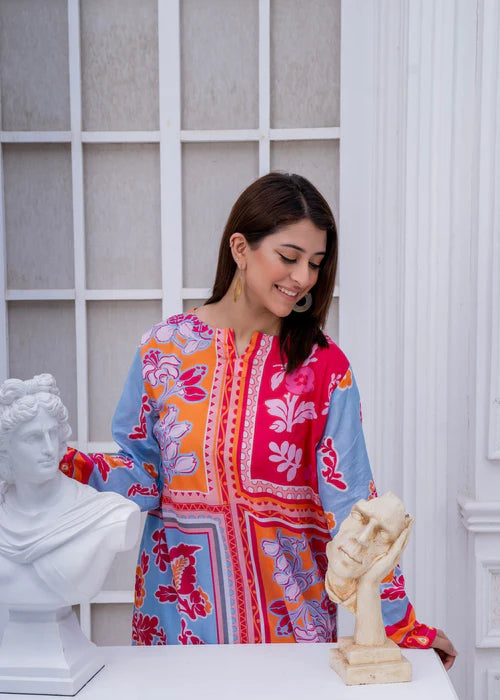 Staple Doria 2 Piece – Blue &amp; Red Floral Printed Suit with Bold Contrast unstiched