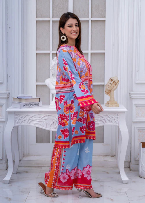 Staple Doria 2 Piece – Blue &amp; Red Floral Printed Suit with Bold Contrast unstiched