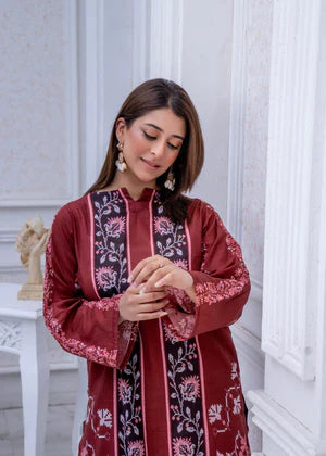 Staple Doria 2-Piece Linen Set – Maroon Ethnic Printed Kurta & Trouser for Women