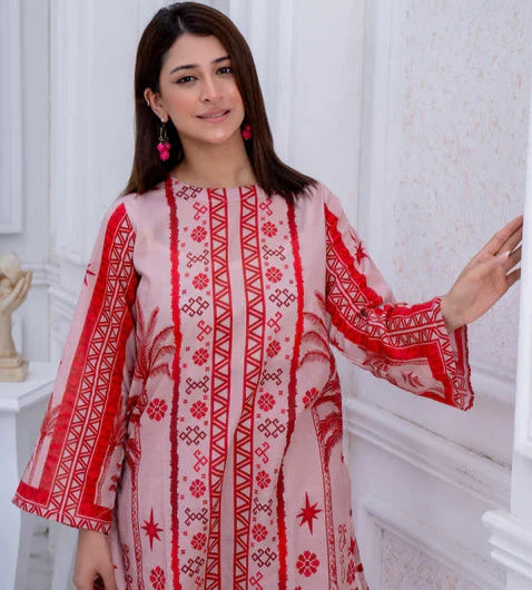 Staple Doria 2 Piece – Pink & Red Printed Suit with Ethnic Design