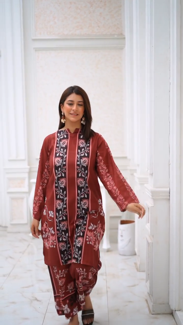 Staple Doria 2-Piece Linen Set – Maroon Ethnic Printed Kurta & Trouser for Women